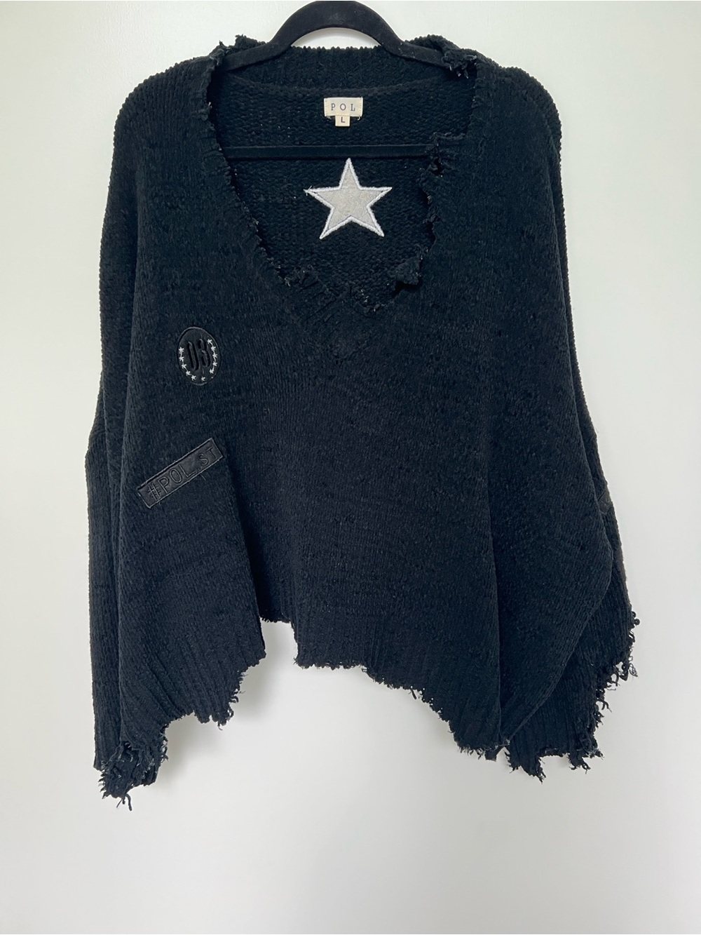 POL Black Distressed V-Neck Sweater with Silver Star Appliqué